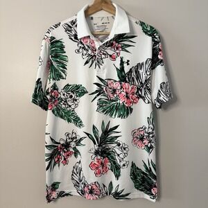 Under Armour Polo Shirt Men M Blue Pink Playoff Golf Floral Performance‎ Stretch